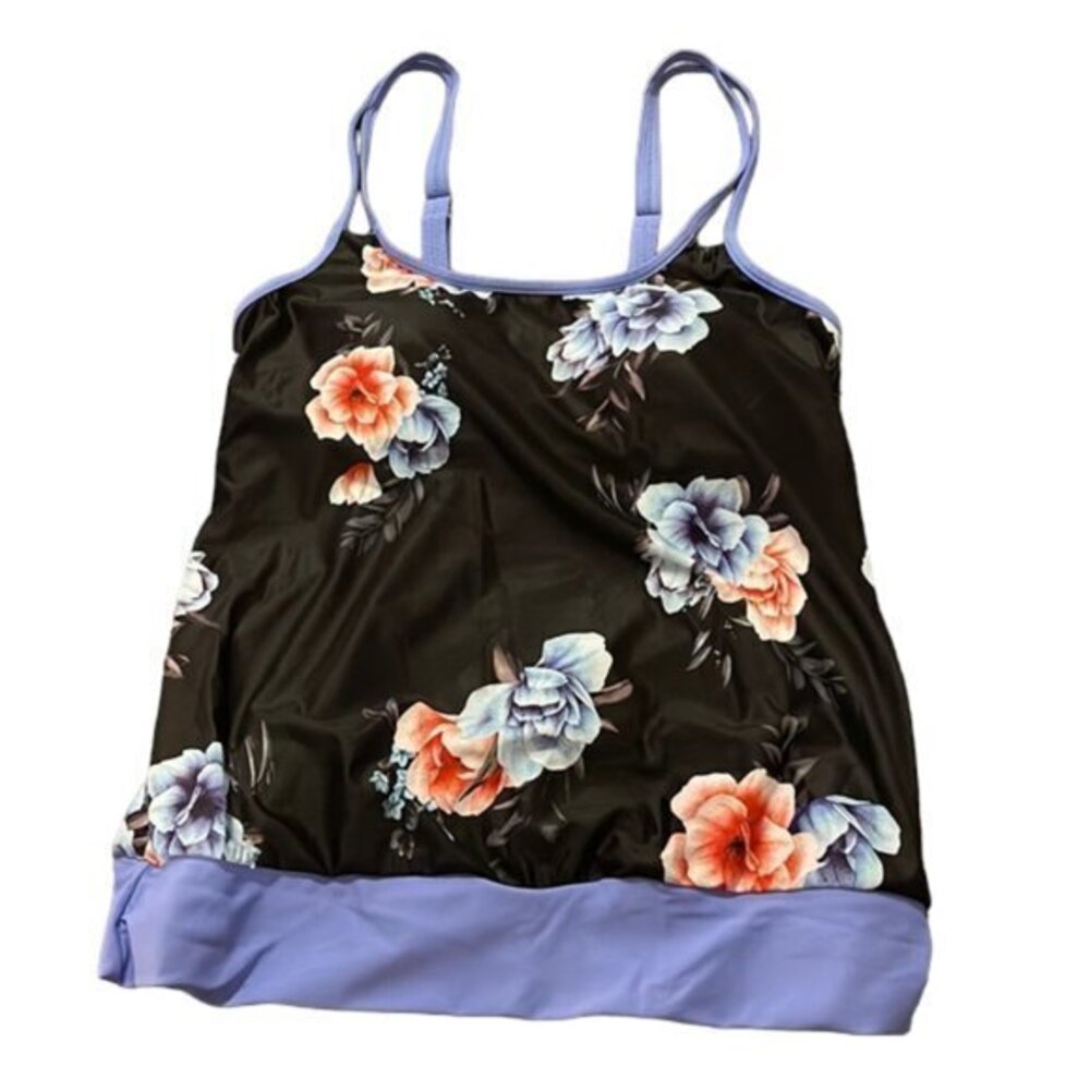 Black Floral Light Blue/Purple Tankini Swimsuit Set Size Med NWT #5520